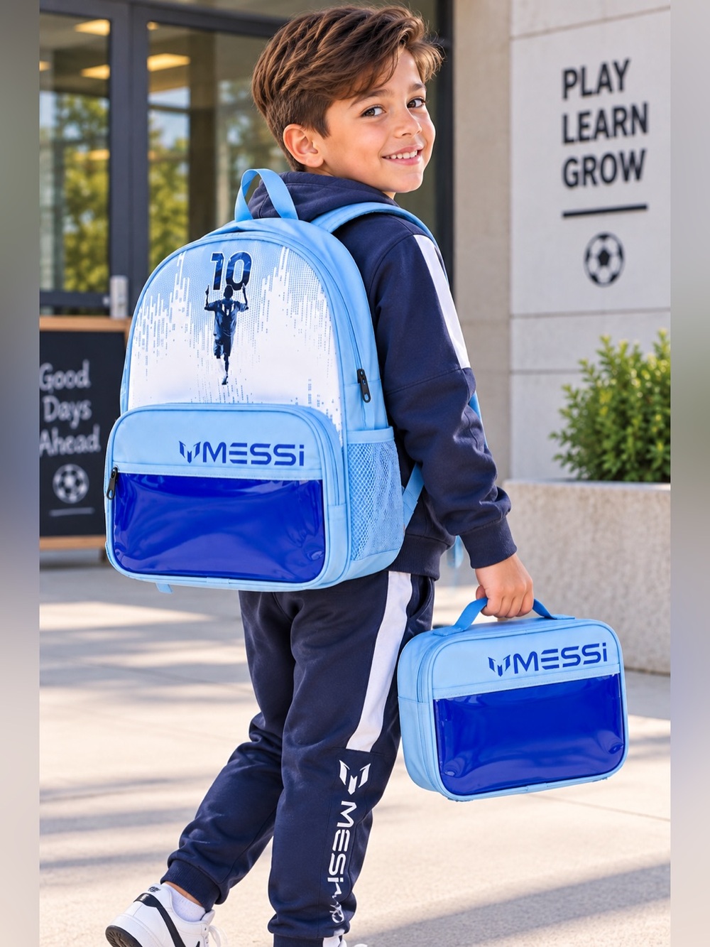 MESSI Kids Light Blue Backpack and Lunchbox Set - Blue Accent